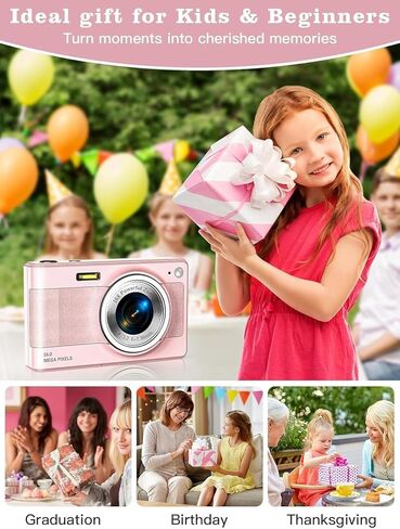 ترقية الكاميرا الرقمية، كاميرا 56 ميجابكسل FHD 1080P للأطفال مع تكبير 16x مضاد للاهتزاز، كاميرا للأطفال مع بطاقة TF سعة 32 جيجابايت، بطاريتان، حبل قصير، صغير الحجم للأطفال الأولاد والبنات (وردي) in Kuwait