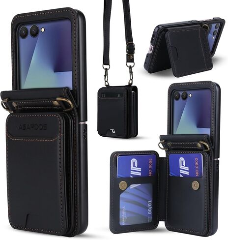 حافظة هاتف ASAPDOS لهاتف Samsung Galaxy Z Flip 7 من جلد البولي يوريثان مع فتحات للبطاقات (تحمل 5 بطاقات)، حماية ضد السقوط، حزام المعصم والكتف أحمر خمري in Kuwait