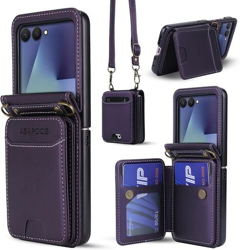 حافظة هاتف ASAPDOS لهاتف Samsung Galaxy Z Flip 7 من جلد البولي يوريثان مع فتحات للبطاقات (تحمل 5 بطاقات)، حماية ضد السقوط، حزام المعصم والكتف أحمر خمري in Kuwait