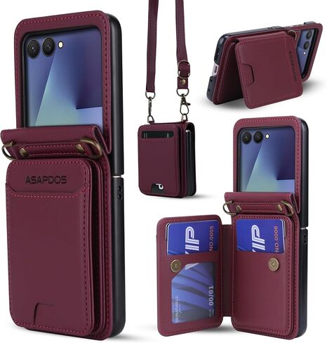 حافظة هاتف ASAPDOS لهاتف Samsung Galaxy Z Flip 7 من جلد البولي يوريثان مع فتحات للبطاقات (تحمل 5 بطاقات)، حماية ضد السقوط، حزام المعصم والكتف أحمر خمري in Kuwait