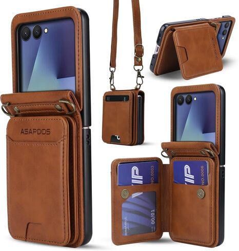 حافظة هاتف ASAPDOS لهاتف Samsung Galaxy Z Flip 7 من جلد البولي يوريثان مع فتحات للبطاقات (تحمل 5 بطاقات)، حماية ضد السقوط، حزام المعصم والكتف أحمر خمري in Kuwait