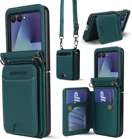 حافظة هاتف ASAPDOS لهاتف Samsung Galaxy Z Flip 7 من جلد البولي يوريثان مع فتحات للبطاقات (تحمل 5 بطاقات)، حماية ضد السقوط، حزام المعصم والكتف أحمر خمري in Kuwait