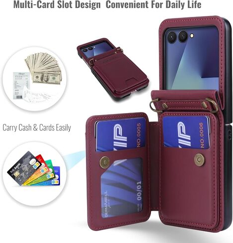 حافظة هاتف ASAPDOS لهاتف Samsung Galaxy Z Flip 7 من جلد البولي يوريثان مع فتحات للبطاقات (تحمل 5 بطاقات)، حماية ضد السقوط، حزام المعصم والكتف أحمر خمري in Kuwait