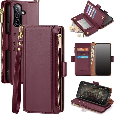 Antsturdy Compatible with Samsung Galaxy A17 5G / A26 5G Wallet Case with Card Holder Women Men Phone Case RFID Blocking PU Leather Flip Shockproof Cover Wrist Strap Zipper Credit Card Slots,Wine Red in Saudi Arabia