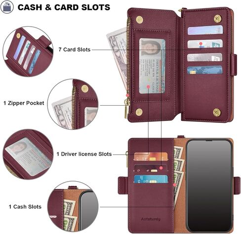 Antsturdy Compatible with Samsung Galaxy A17 5G / A26 5G Wallet Case with Card Holder Women Men Phone Case RFID Blocking PU Leather Flip Shockproof Cover Wrist Strap Zipper Credit Card Slots,Wine Red in Saudi Arabia