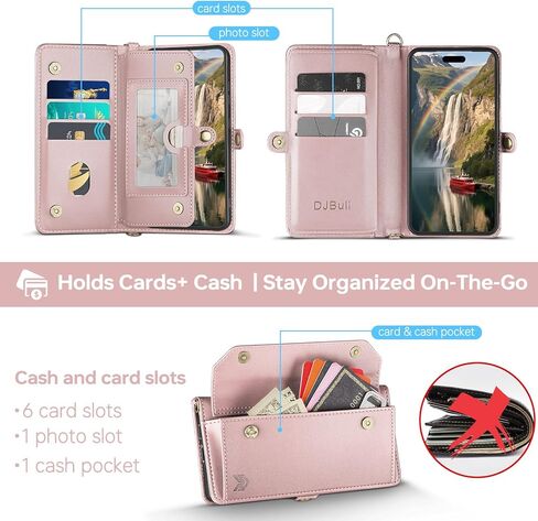 DJBull for iPhone 17 6.3" Wallet Case with Card Holder, Shoulder and Wristlet Straps, Soft PU Leather, Magnetic Snap, Flip Phone Case for Women Men for Apple 17 Rose Gold in Saudi Arabia