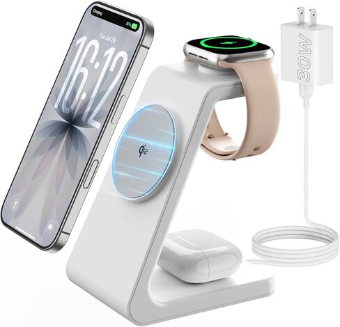 Magnetic Wireless Charging Station for iPhone: 3 in 1 Qi2 Certified 15W Fast Charging for iPhone 17-12, Apple Watch & AirPods, N52 Magnets & 30W Adapter Included (Office/Bedside/Desk) in Saudi Arabia
