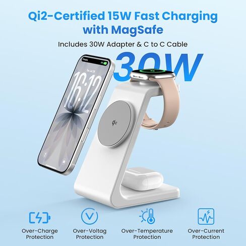 Magnetic Wireless Charging Station for iPhone: 3 in 1 Qi2 Certified 15W Fast Charging for iPhone 17-12, Apple Watch & AirPods, N52 Magnets & 30W Adapter Included (Office/Bedside/Desk) in Saudi Arabia