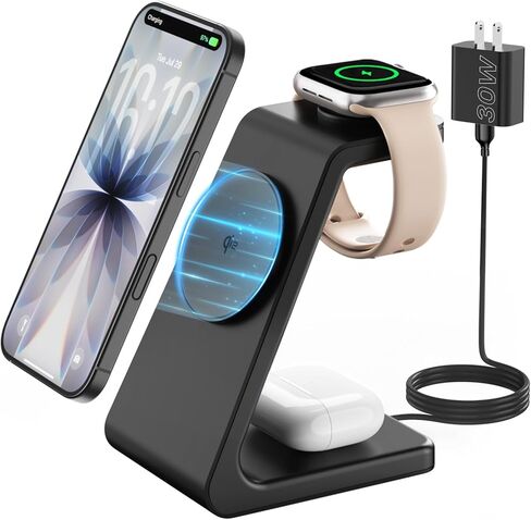 محطة شحن لاسلكية مغناطيسية لأجهزة iPhone: 3 في 1 معتمدة من Qi2 شحن سريع بقدرة 15 وات لأجهزة iPhone 17-12 وApple Watch وAirPods ومغناطيس N52 ومحول 30 وات متضمن (المكتب/جانب السرير/المكتب) in Kuwait