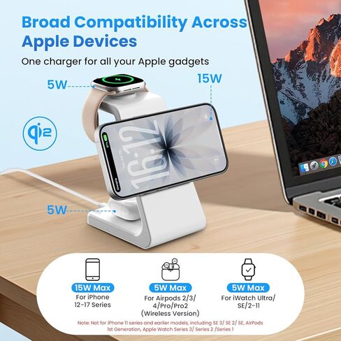 Magnetic Wireless Charging Station for iPhone: 3 in 1 Qi2 Certified 15W Fast Charging for iPhone 17-12, Apple Watch & AirPods, N52 Magnets & 30W Adapter Included (Office/Bedside/Desk) in Saudi Arabia