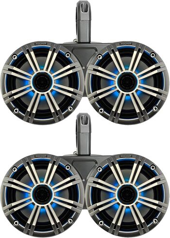 نظام برج واكيبورد مزدوج أسود من كيكر مع زوجين (الكمية 4) من الفضة 6.5 بوصة 195 وات ماكس باور مارين OEM بديل RGB متعدد الألوان LED مكبرات صوت قارب محورية in Kuwait