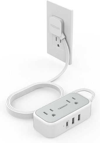 سلك تمديد مسطح بطول 10 أقدام، شريط طاقة مسطح من TESSAN مع 3 منافذ USB (1 USB C) ومنفذين، محطة شحن صغيرة متعددة المنافذ لأساسيات الرحلات البحرية، غرفة النوم والمكتب المنزلي رمادي in Kuwait
