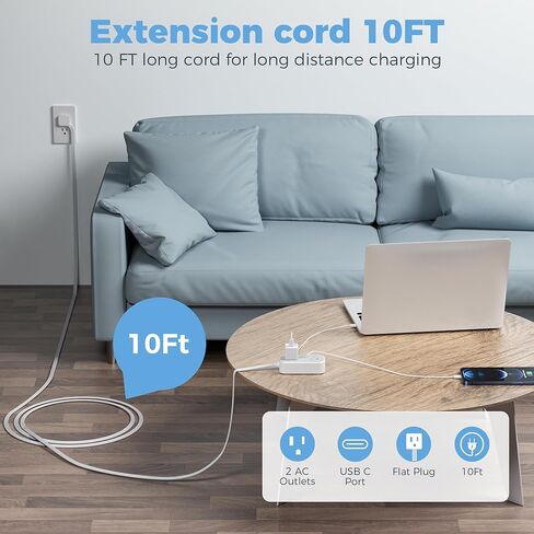 Flat Plug Extension Cord 10 FT, TESSAN Flat Power Strip with 3 USB Ports(1 USB C) and 2 Outlets, Small Multi Outlets Charging Station for Cruise Essentials, Dorm Room Home Office Gray in Saudi Arabia