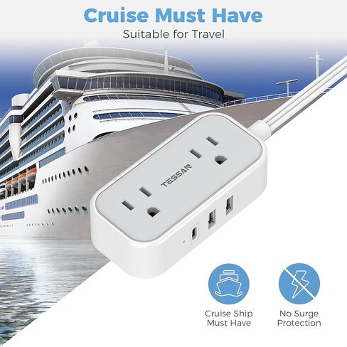 Flat Plug Extension Cord 10 FT, TESSAN Flat Power Strip with 3 USB Ports(1 USB C) and 2 Outlets, Small Multi Outlets Charging Station for Cruise Essentials, Dorm Room Home Office Gray in Saudi Arabia
