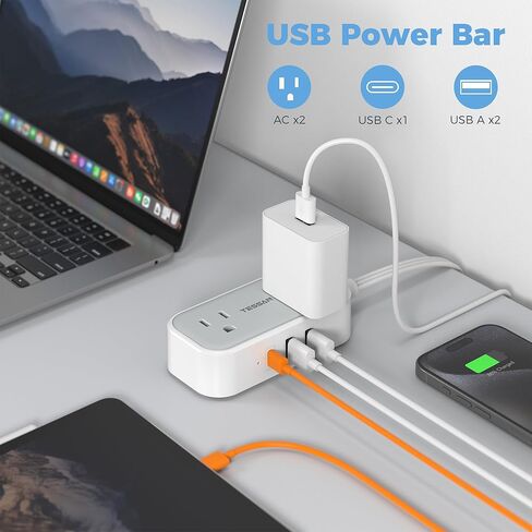 Flat Plug Extension Cord 10 FT, TESSAN Flat Power Strip with 3 USB Ports(1 USB C) and 2 Outlets, Small Multi Outlets Charging Station for Cruise Essentials, Dorm Room Home Office Gray in Saudi Arabia