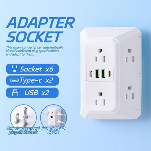 Wall Charger, Outlet Extender Surge Protector, 6 Outlet Splitter with 4 USB Ports (2 USB C), Multiple 3 Sided Multi Plug Wall Adapter Power Strip for Home Office Kitchen Travel,White in Saudi Arabia