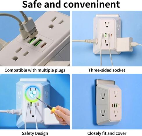 Wall Charger, Outlet Extender Surge Protector, 6 Outlet Splitter with 4 USB Ports (2 USB C), Multiple 3 Sided Multi Plug Wall Adapter Power Strip for Home Office Kitchen Travel,White in Saudi Arabia