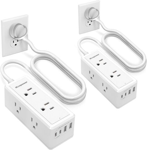 2 حزمة من واقي التيار الكهربائي - 6 منافذ متباعدة على نطاق واسع، 4 منافذ USB (2 منفذ USB C، PD 20 وات)، 1250 وات/10 أمبير مع سلك تمديد 5 أقدام، وشرائط طاقة مع حماية من زيادة التيار، حامل على الحائط للمكتب المنزلي، أبيض. in Saudi Arabia