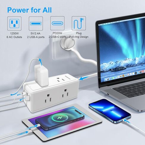2 حزمة من واقي التيار الكهربائي - 6 منافذ متباعدة على نطاق واسع، 4 منافذ USB (2 منفذ USB C، PD 20 وات)، 1250 وات/10 أمبير مع سلك تمديد 5 أقدام، وشرائط طاقة مع حماية من زيادة التيار، حامل على الحائط للمكتب المنزلي، أبيض. in Saudi Arabia
