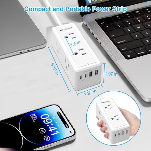 2 حزمة من واقي التيار الكهربائي - 6 منافذ متباعدة على نطاق واسع، 4 منافذ USB (2 منفذ USB C، PD 20 وات)، 1250 وات/10 أمبير مع سلك تمديد 5 أقدام، وشرائط طاقة مع حماية من زيادة التيار، حامل على الحائط للمكتب المنزلي، أبيض. in Saudi Arabia