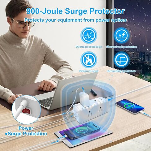 2 حزمة من واقي التيار الكهربائي - 6 منافذ متباعدة على نطاق واسع، 4 منافذ USB (2 منفذ USB C، PD 20 وات)، 1250 وات/10 أمبير مع سلك تمديد 5 أقدام، وشرائط طاقة مع حماية من زيادة التيار، حامل على الحائط للمكتب المنزلي، أبيض. in Saudi Arabia