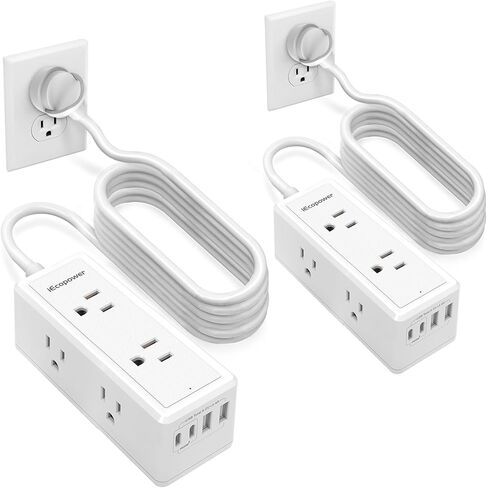 2 حزمة من واقي التيار الكهربائي - 6 منافذ متباعدة على نطاق واسع، 4 منافذ USB (2 منفذ USB C، PD 20 وات)، 1250 وات/10 أمبير مع سلك تمديد 5 أقدام، وشرائط طاقة مع حماية من زيادة التيار، حامل على الحائط للمكتب المنزلي، أبيض. in Saudi Arabia
