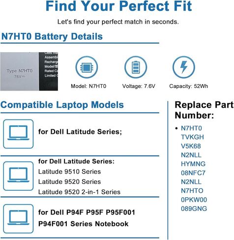 N7HT0 Laptop Battery Replacement for Dell Latitude 9510 9520 Latitude 9520 2-in-1 P94F P95F P95F001 P94F001 Series Notebook TVKGH V5K68 N2NLL HYMNG 08NFC7 N2NLL N7HTO 0PKW00 089GNG 7.6V 52Wh 6500mAh in Kuwait