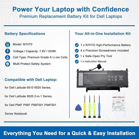 N7HT0 Laptop Battery Replacement for Dell Latitude 9510 9520 Latitude 9520 2-in-1 P94F P95F P95F001 P94F001 Series Notebook TVKGH V5K68 N2NLL HYMNG 08NFC7 N2NLL N7HTO 0PKW00 089GNG 7.6V 52Wh 6500mAh in Kuwait