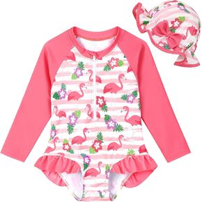 Infant Baby Girl Swimsuit Long Sleeve Rash Guard One Piece Swimwear with Hat Ruffle Bathing Suit with Zipper in Kuwait