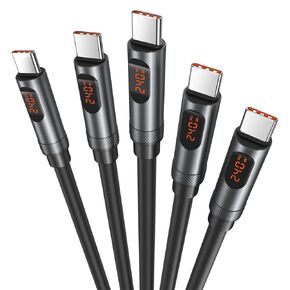 كابل USB C إلى USB C بقوة 240 واط، وشاشة LED بطول 6 أقدام من النوع C وسلك شحن سريع لأجهزة MacBook Pro iPhone 17 16 15 Pro Max Galaxy S25 Ultra iPad - 5 عبوات in Kuwait