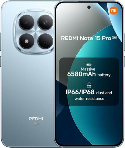 XIAOMI Redmi Note 15 Pro 5G Ai (متوافق مع Tmobile Mint Tello & Global) (256 جيجابايت + 8 جيجابايت) NFC 6.83 بوصة 120 هرتز 200 ميجابكسل Pro AI موديل الكاميرا 25080RABDG غير مقفلة بشريحتي اتصال Liberado (أزرق جليدي) in Kuwait