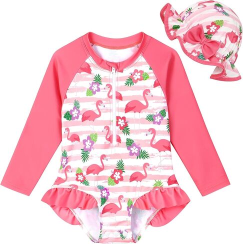 Infant Baby Girl Swimsuit Long Sleeve Rash Guard One Piece Swimwear with Hat Ruffle Bathing Suit with Zipper in Kuwait