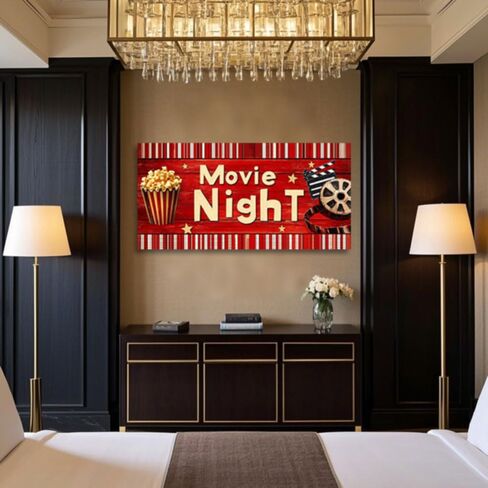 CGXLB فيلم ليلة جدار الفن الرجعية السينما ديكور الفشار دلو وبكرة الفيلم قماش طباعة اللوحة الأحمر والأبيض صورة المسرح المنزلي لغرفة المعيشة غرفة لعبة رجل الكهف 12 "× 24" in Saudi Arabia