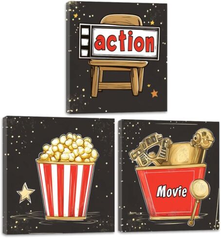 CGXLB 3 Piece Movie Wall Art Clapperboard & Striped Popcorn Buckets Picture Film Painting Cinema Decor for Home Theater Game Room 12"x12"x3 in Saudi Arabia