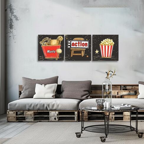 CGXLB 3 Piece Movie Wall Art Clapperboard & Striped Popcorn Buckets Picture Film Painting Cinema Decor for Home Theater Game Room 12"x12"x3 in Saudi Arabia