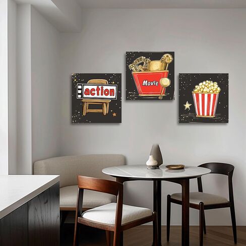 CGXLB 3 Piece Movie Wall Art Clapperboard & Striped Popcorn Buckets Picture Film Painting Cinema Decor for Home Theater Game Room 12"x12"x3 in Saudi Arabia