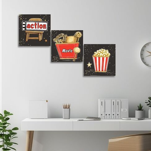 CGXLB 3 Piece Movie Wall Art Clapperboard & Striped Popcorn Buckets Picture Film Painting Cinema Decor for Home Theater Game Room 12"x12"x3 in Saudi Arabia