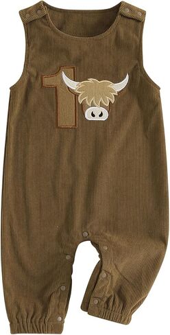 Muasaaluxi Toddler Baby Boy First Birthday Outfit 1st Cartoon Embroidery Romper Sleeveless Jumpsuit Corduroy Overalls in Saudi Arabia
