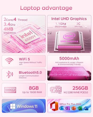2026 Pink Laptop, Pentium Gold 6500Y Processor(Up to 3.4 GHz),8GB RAM 256GB SSD,15.6 Inch FHD IPS Display, 5000mAh Battery,Type-C,Portable Laptops Computer for Business Office in Saudi Arabia
