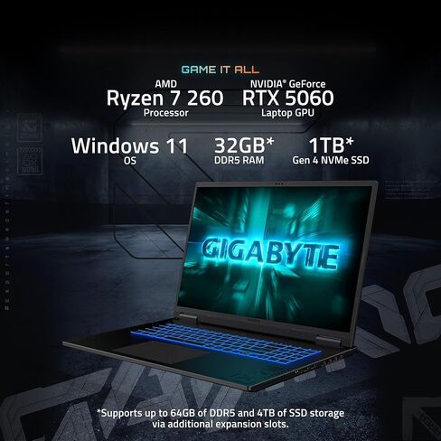 كمبيوتر محمول للألعاب GIGABYTE Gaming A18 - 165 هرتز 2560x1600 WQXGA - NVIDIA GeForce RTX 5060 - AMD Ryzen 7 260-1 تيرابايت SSD مع ذاكرة الوصول العشوائي DDR5 سعة 32 جيجابايت - Windows 11 Home - أسود فولاذي in Kuwait