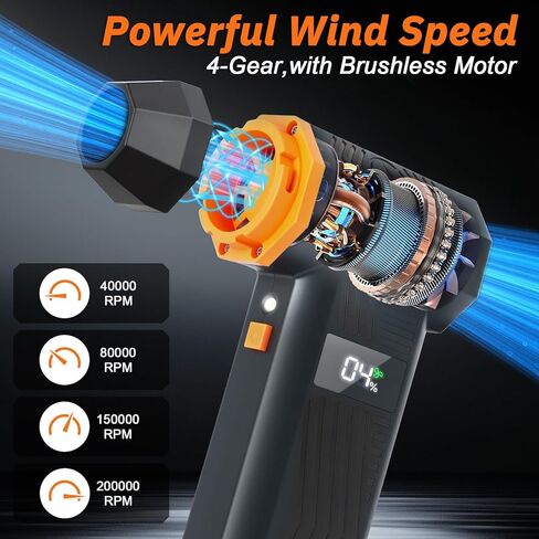 Compressed Air Duster 200000RPM Super Power Electric Air Duster,4 Gear Adjustable Mini Dust Blower with LED Display & 4 Nozzles Rechargeable Leaf Blower Air Blower for Keyboard PC Car Home Cleaning in Saudi Arabia