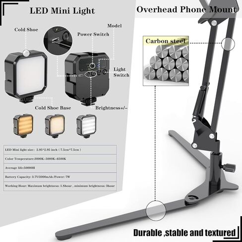 Overhead Phone Mount with LED Light, Phone Stand for Recording, Adjustable Tabletop Stand for Live Streaming Online Video and Food Crafting Demo Drawing Sketching in Kuwait