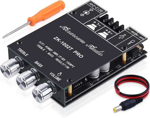 ZK-1002T RPO 2.0 Channel Bluetooth 5.0 Amplifier Board 200W AMP | HiFi Subwoofer Audio AMPs with Treble and Bass, BT USB and AUX Inputs, DC 12-24V 2.0 Channel Stereo AMP Module for DIY in Kuwait