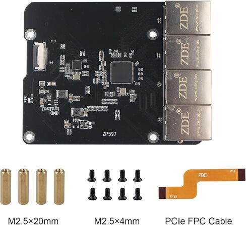 ZDE ZP597 PCIe إلى 4 منافذ 1G جيجابت 1000M إيثرنت شبكة قبعة محول لوح تمديد 1GB 1GBE لـ Raspberry Pi 5 in Kuwait