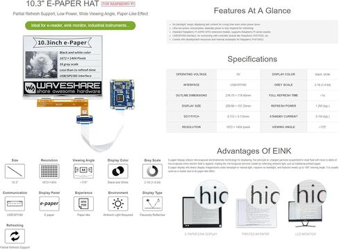 قبعة عرض الحبر الإلكتروني مقاس 10.3 بوصة من Waveshare متوافقة مع Raspberry Pi4B/3B+/3B/2B/B+/A+/Zero/Zero W/WH/Zero 2W 1872×1404 بكسل أسود/أبيض 2-16 مقياس رمادي USB/SPI/I80 يدعم التحديث الجزئي in Saudi Arabia