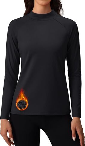 MAGCOMSEN Women's Mock Turtneck Thermal Shirts Long Sleeve Fleece Lined Zipper Pockets Athletic Base Layers in Kuwait