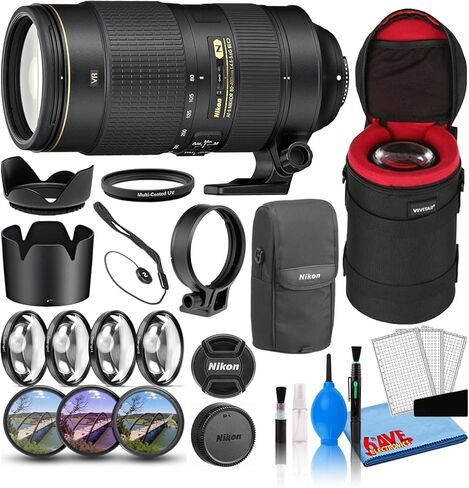عدسة Nikon AF-S NIKKOR مقاس 80-400 مم وببؤرة f/4.5-5.6G ED VR (2208) مع حافظة عدسة مبطنة + طقم مرشح ماكرو + فلاتر عدسات UV وCPL وFL + غطاء توليب + حافظة غطاء العدسة + مجموعة تنظيف (متجددة) in Saudi Arabia