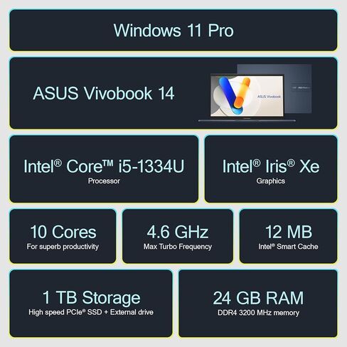 كمبيوتر محمول ASUS Vivobook للأعمال 2025-2026، Microsoft Office مدى الحياة، Copilot، شاشة 14 بوصة FHD، وحدة معالجة مركزية Intel i5 10-Core، ذاكرة وصول عشوائي 24 جيجابايت، تخزين 1 تيرابايت (512 جيجابايت SSD + 500 جيجابايت تحويلة)، MarxsolAccessory، Win 11  in Kuwait