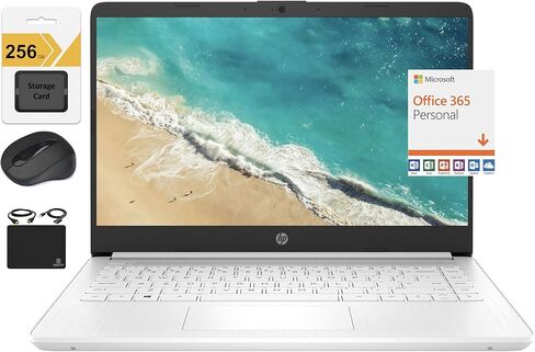 HP New 14" HD Ultral Light Thin Laptop, Quad-Core Intel Celeron Processor, 16GB RAM, 320GB (64GB eMMC+ 256GB Card), Wi-Fi, Upto 11 Hours, Windows 11 S + 1 Year Office 365+HubxcelAccessory, White in Kuwait
