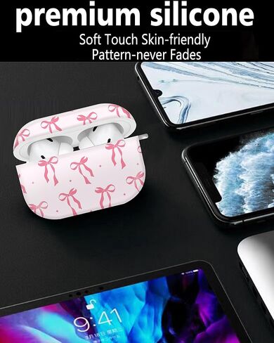 حافظة صلبة لطيفة متوافقة مع AirPods Pro الجيل الثاني/الأول، غطاء واقٍ مع سلسلة مفاتيح ذهبية، تناسب موديلات 2023/2022/2019، للنساء والفتيات والرجال (قوس الشريط الوردي) in Kuwait